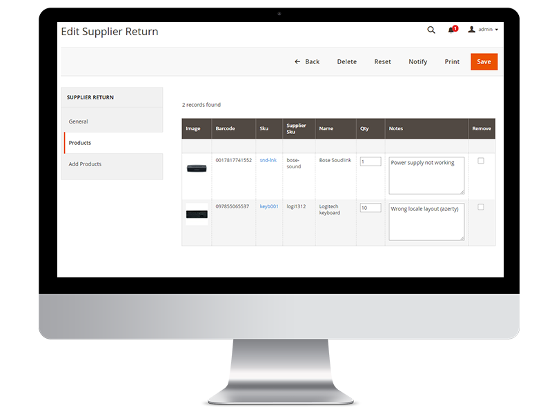 supplier return magento 2 return to vendor order